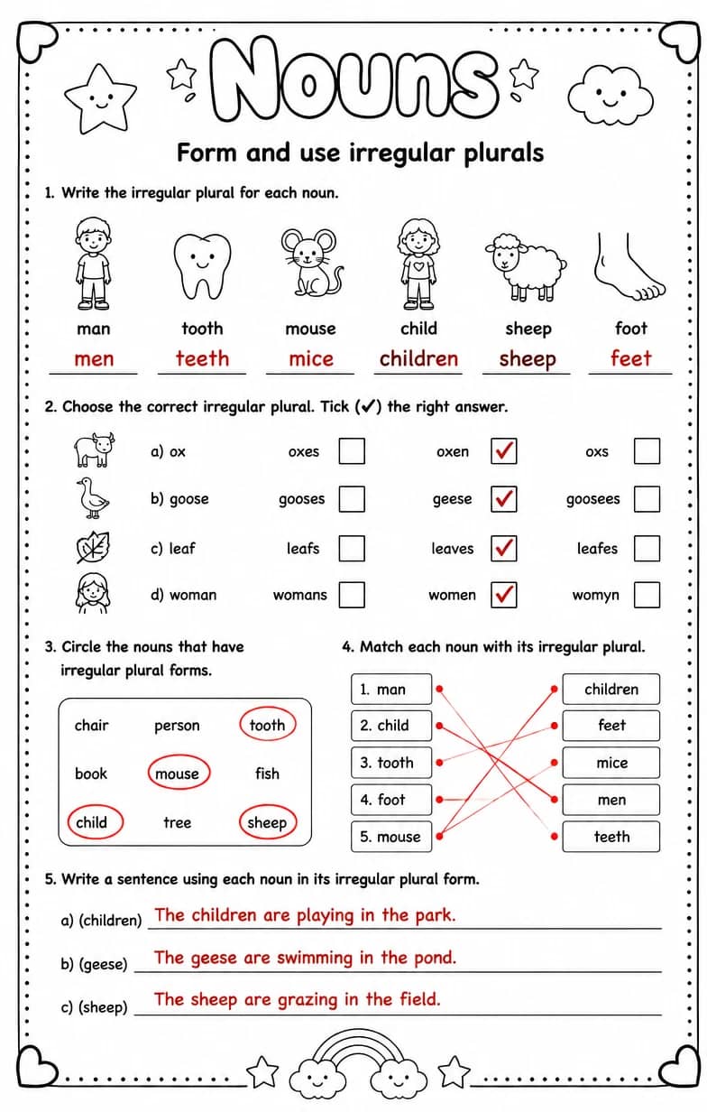Answer key for Form and use irregular plurals — free printable English & Reading worksheet