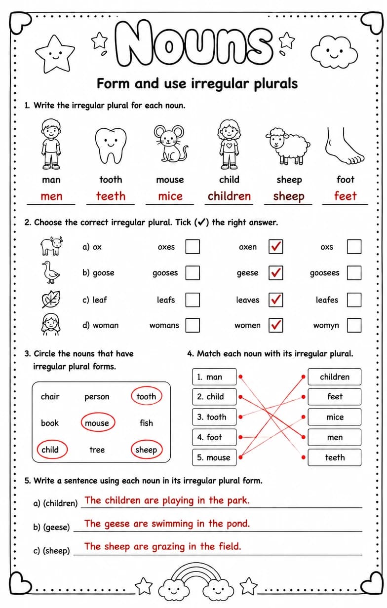 Answer key for Form and use irregular plurals — free printable English & Reading worksheet