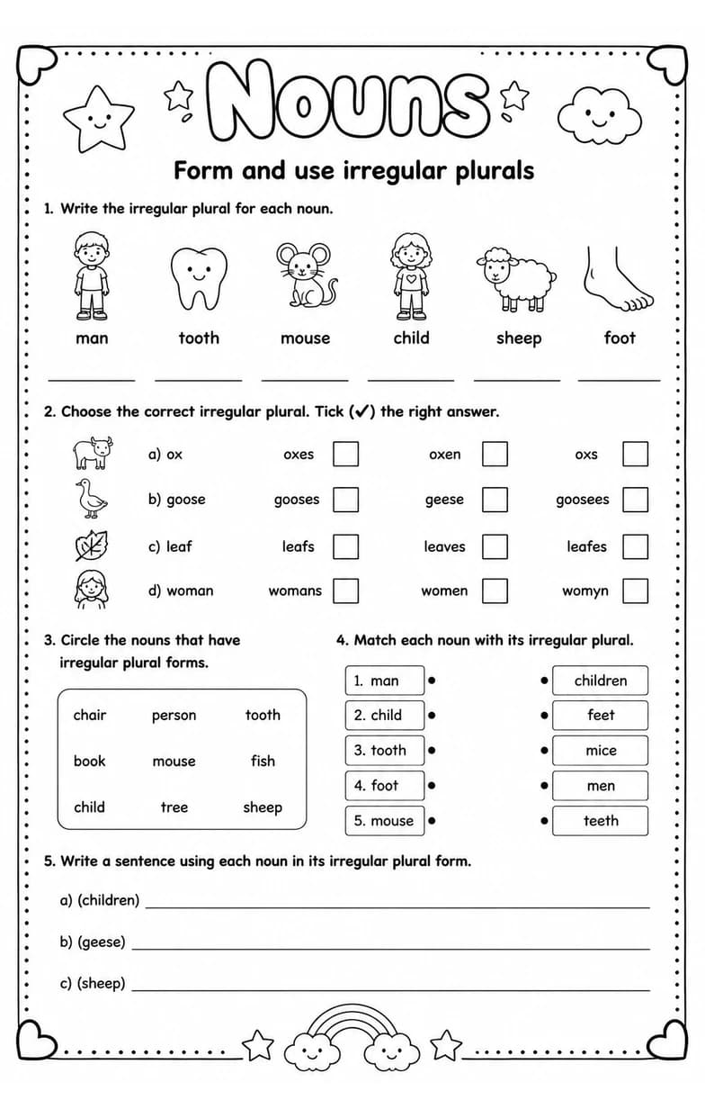 Form and use irregular plurals — free printable Grammar and mechanics English worksheet