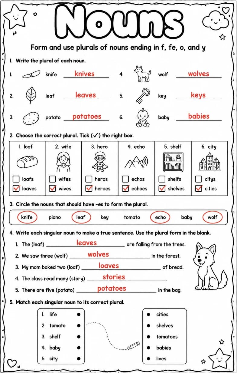 Answer key for Form and use plurals of nouns ending in f, fe, o, and y — free printable English & Reading worksheet