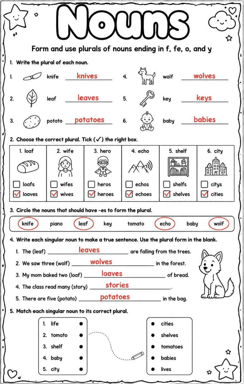 Answer key for Form and use plurals of nouns ending in f, fe, o, and y — free printable English & Reading worksheet