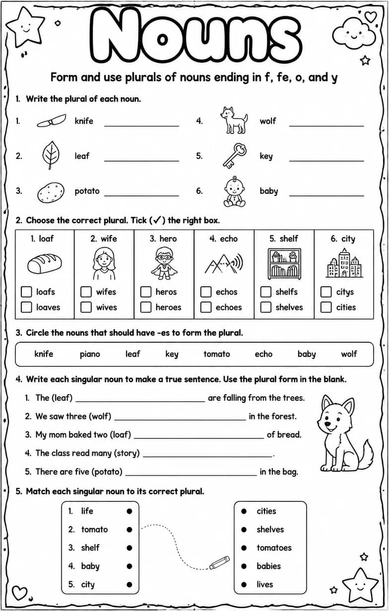 Form and use plurals of nouns ending in f, fe, o, and y — free printable Grammar and mechanics English worksheet