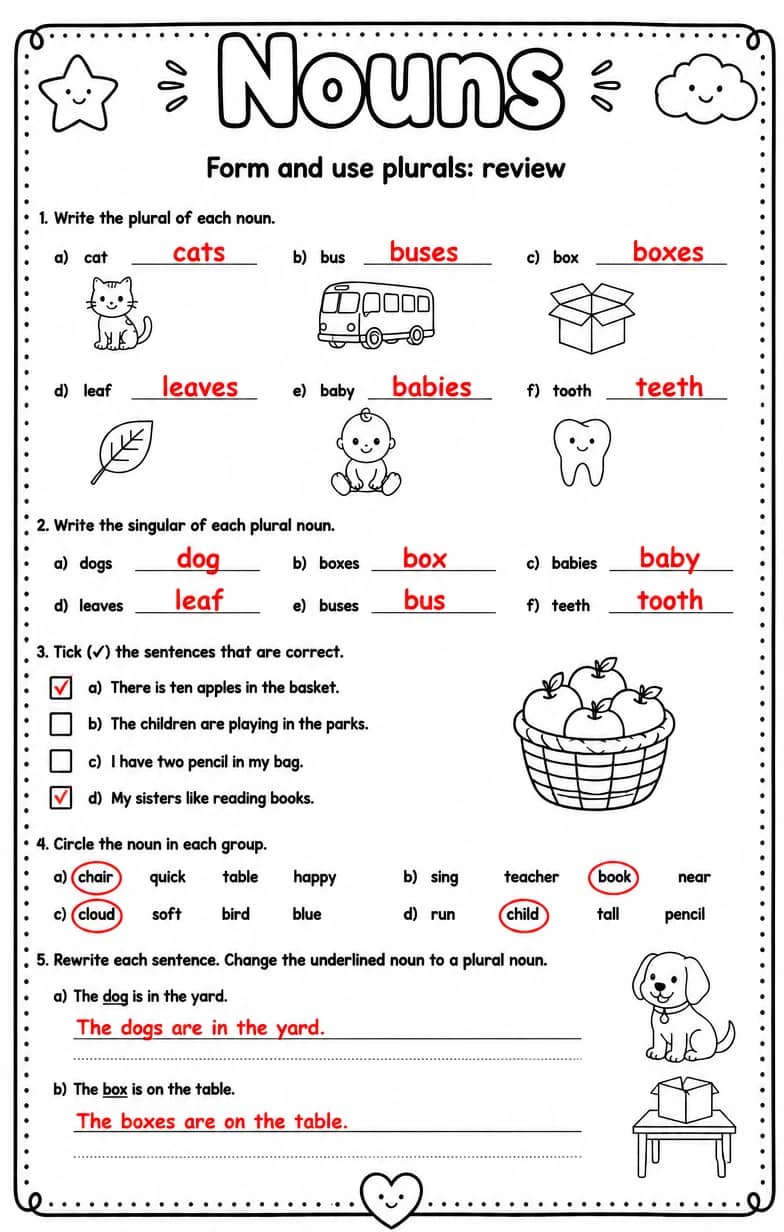 Answer key for Form and use plurals: review — free printable English & Reading worksheet