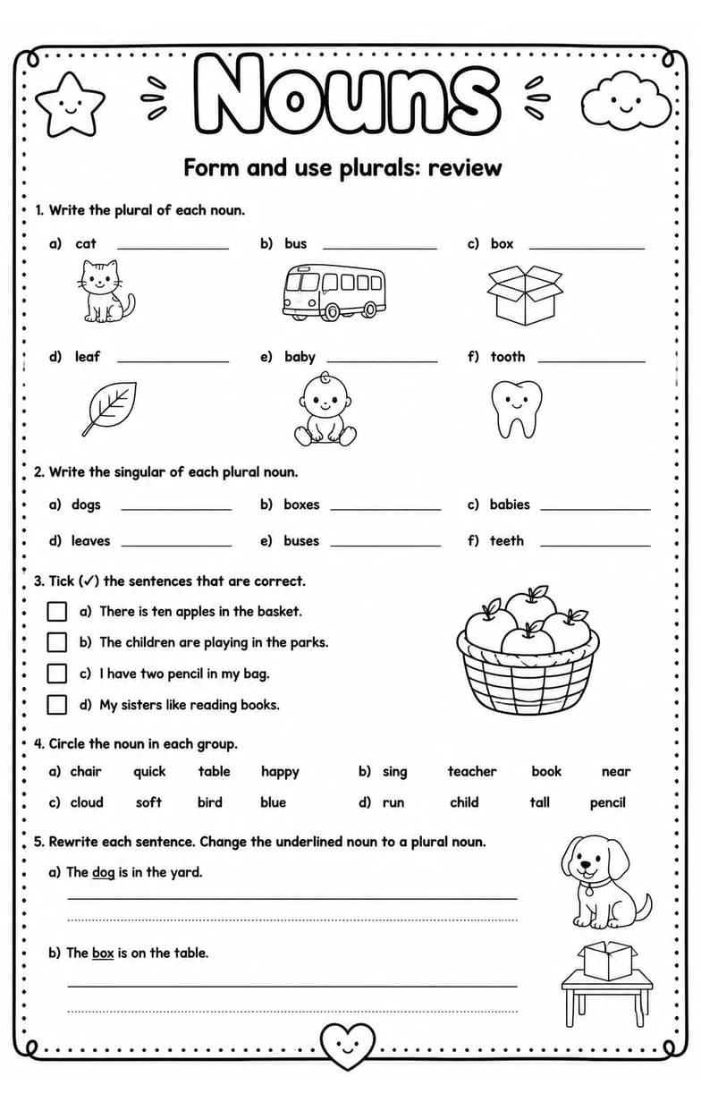 Form and use plurals: review — free printable Grade 5 English & Reading worksheet