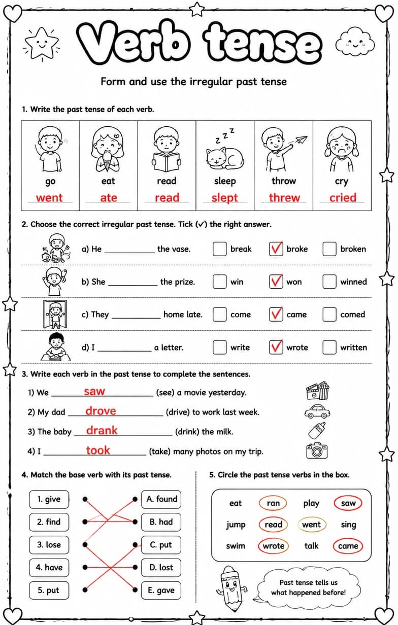 Answer key for Form and use the irregular past tense — free printable English & Reading worksheet