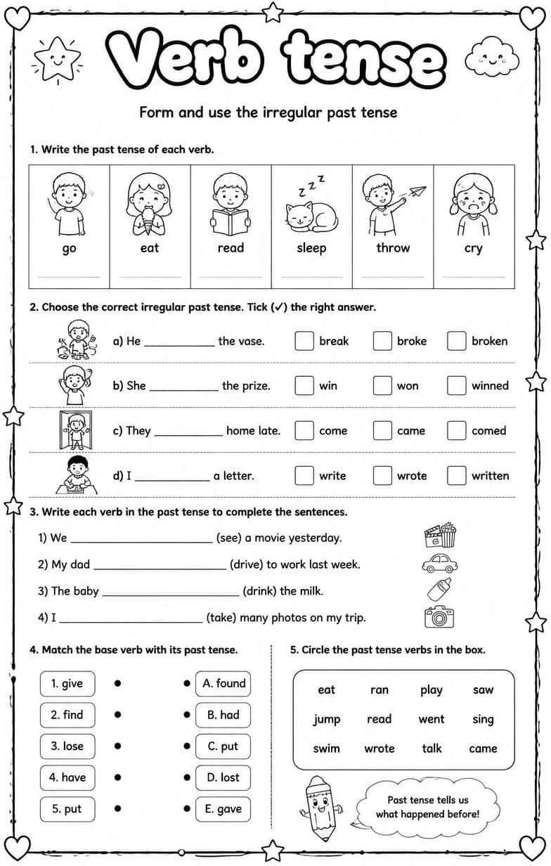 Form and use the irregular past tense — free printable Grammar and mechanics English worksheet