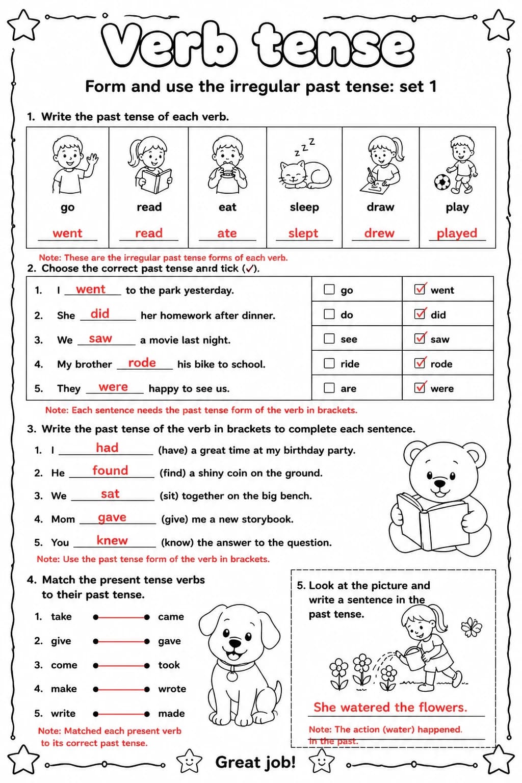 Answer key for Form and use the irregular past tense: set 1 — free printable English & Reading worksheet