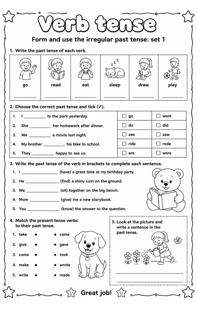 Form and use the irregular past tense: set 1 — free printable Grade 2 English & Reading worksheet