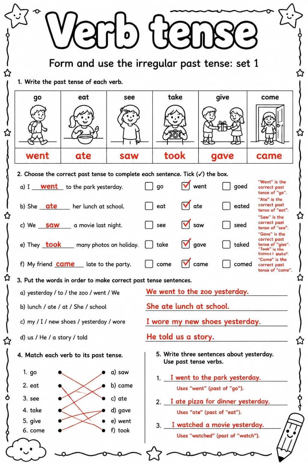 Answer key for Form and use the irregular past tense: set 1 — free printable English & Reading worksheet