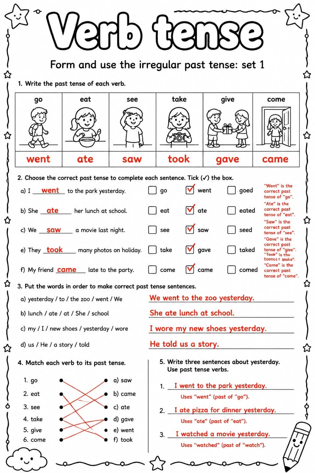Answer key for Form and use the irregular past tense: set 1 — free printable English & Reading worksheet
