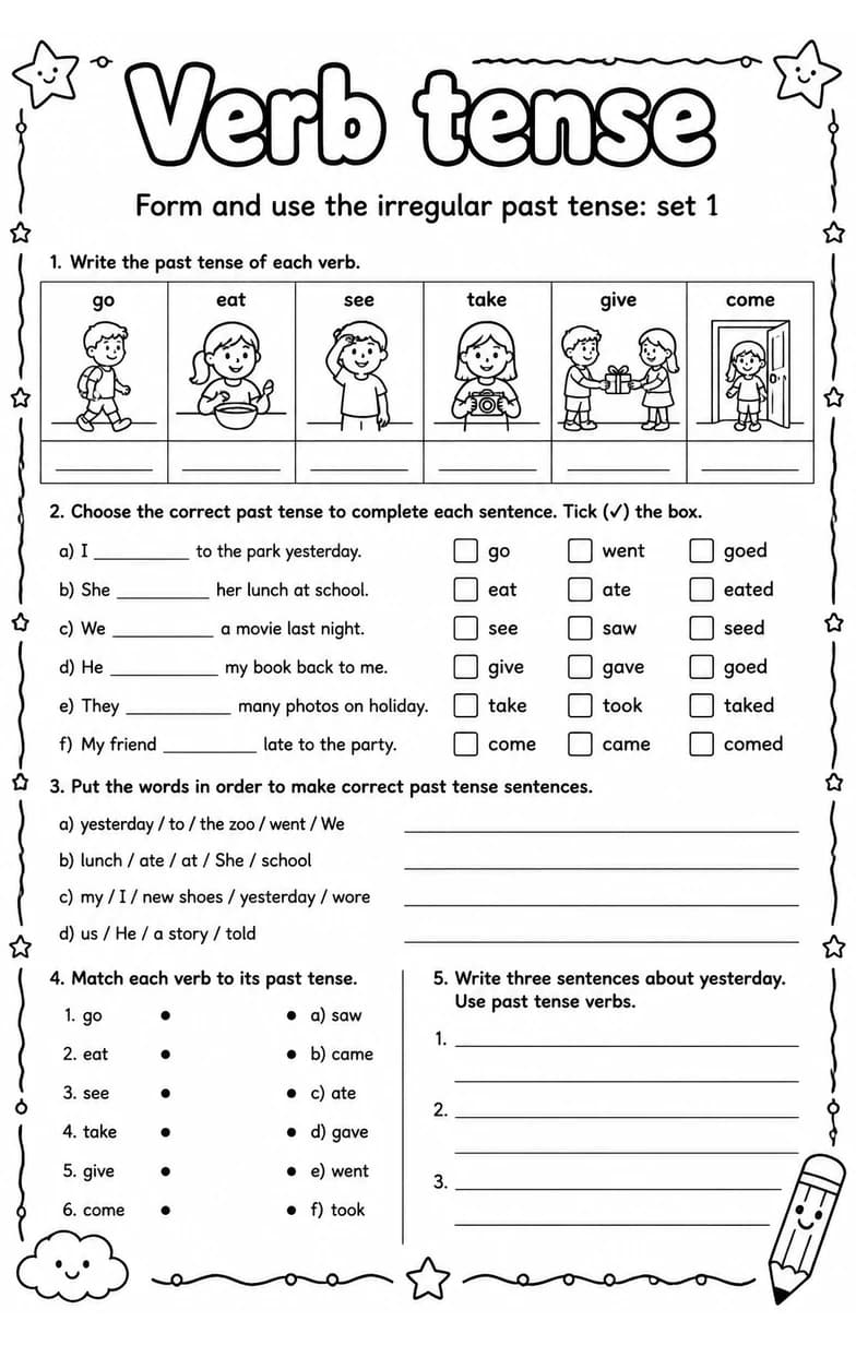 Form and use the irregular past tense: set 1 — free printable Grade 3 English & Reading worksheet
