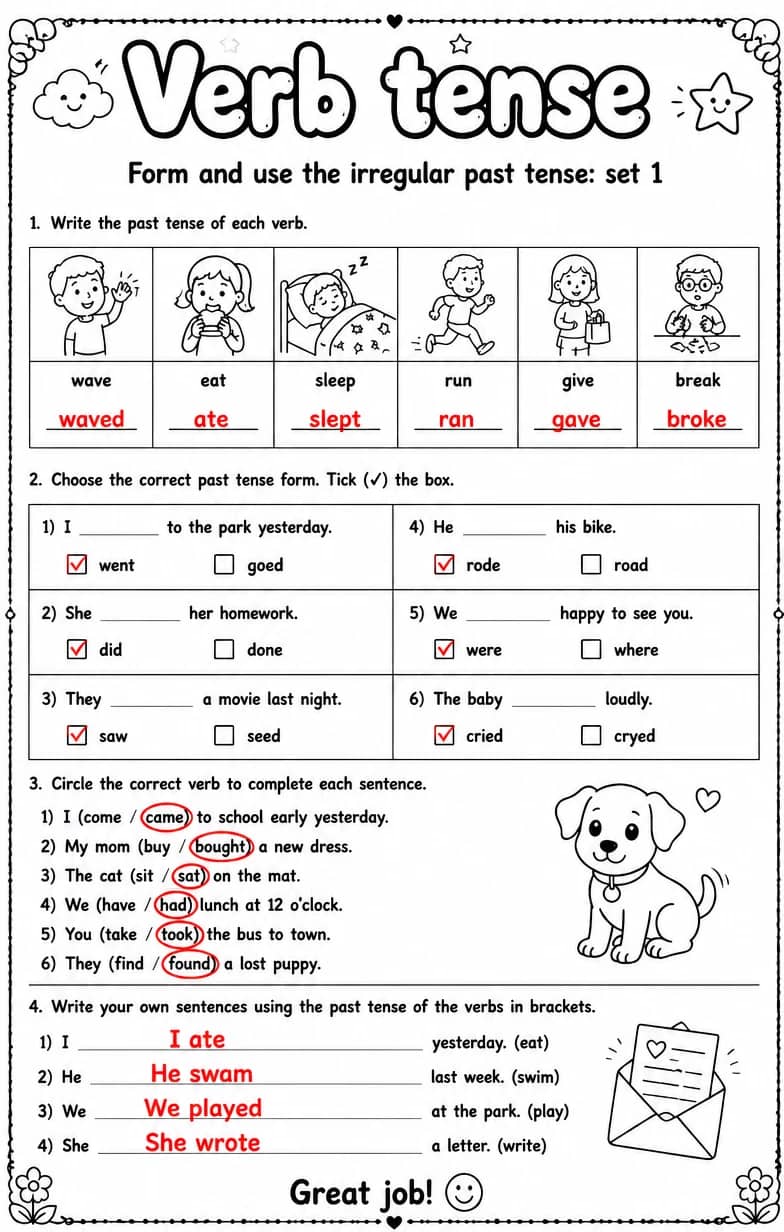 Answer key for Form and use the irregular past tense: set 1 — free printable English & Reading worksheet