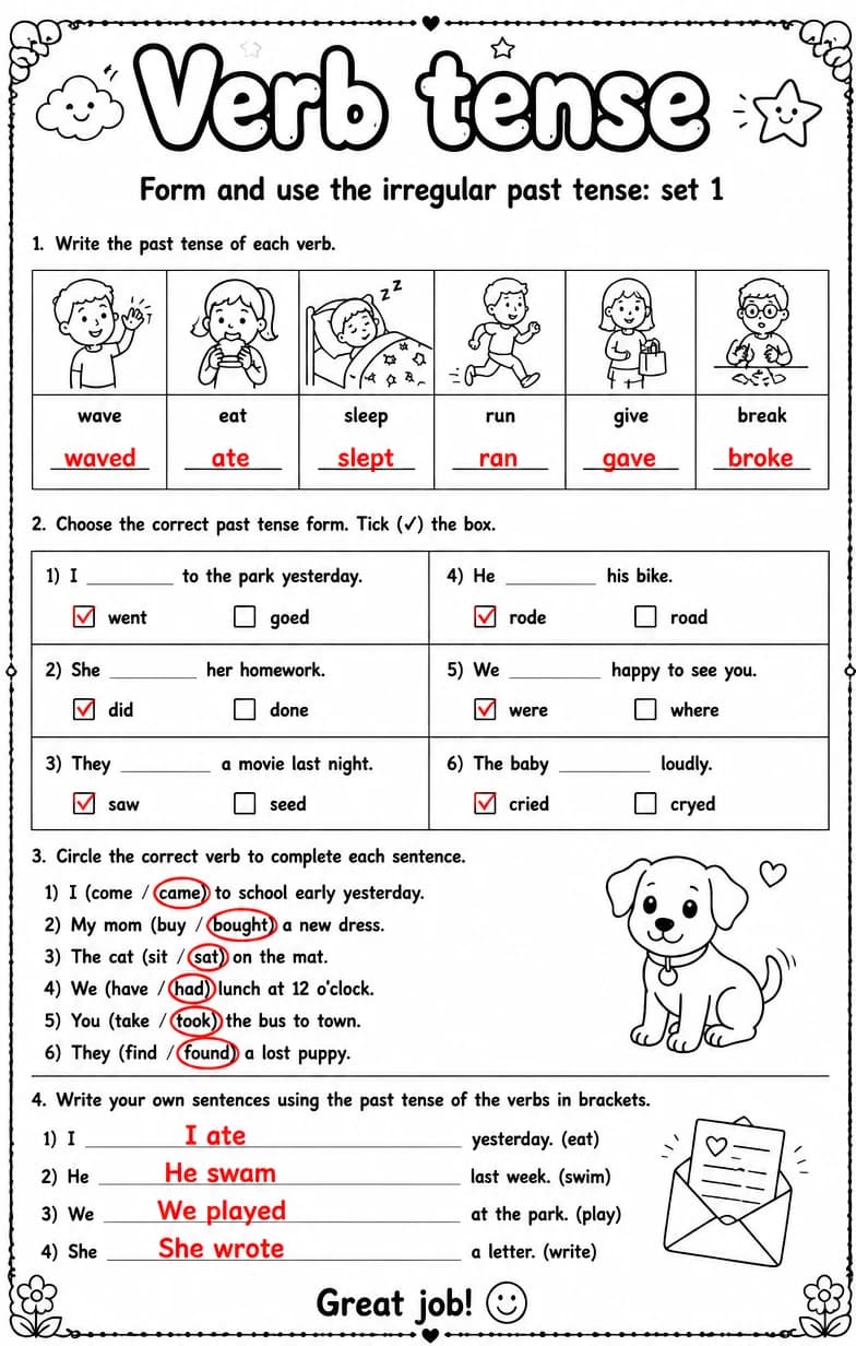 Answer key for Form and use the irregular past tense: set 1 — free printable English & Reading worksheet