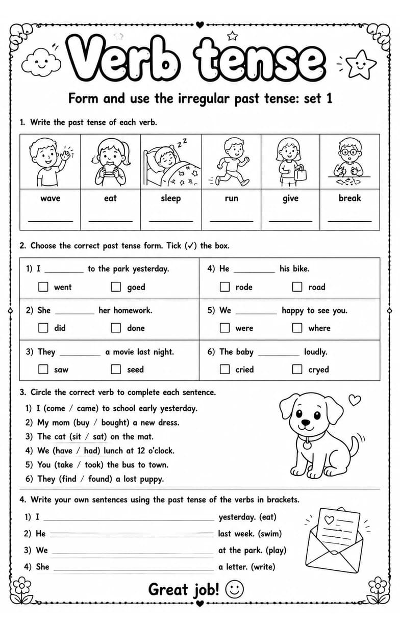 Form and use the irregular past tense: set 1 — free printable Grammar and mechanics English worksheet