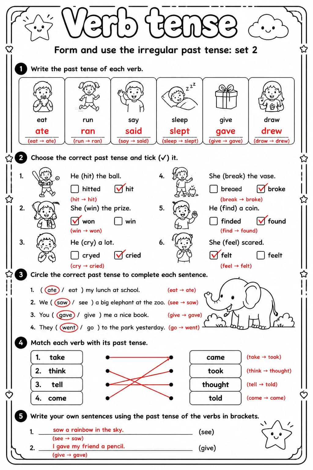 Answer key for Form and use the irregular past tense: set 2 — free printable English & Reading worksheet