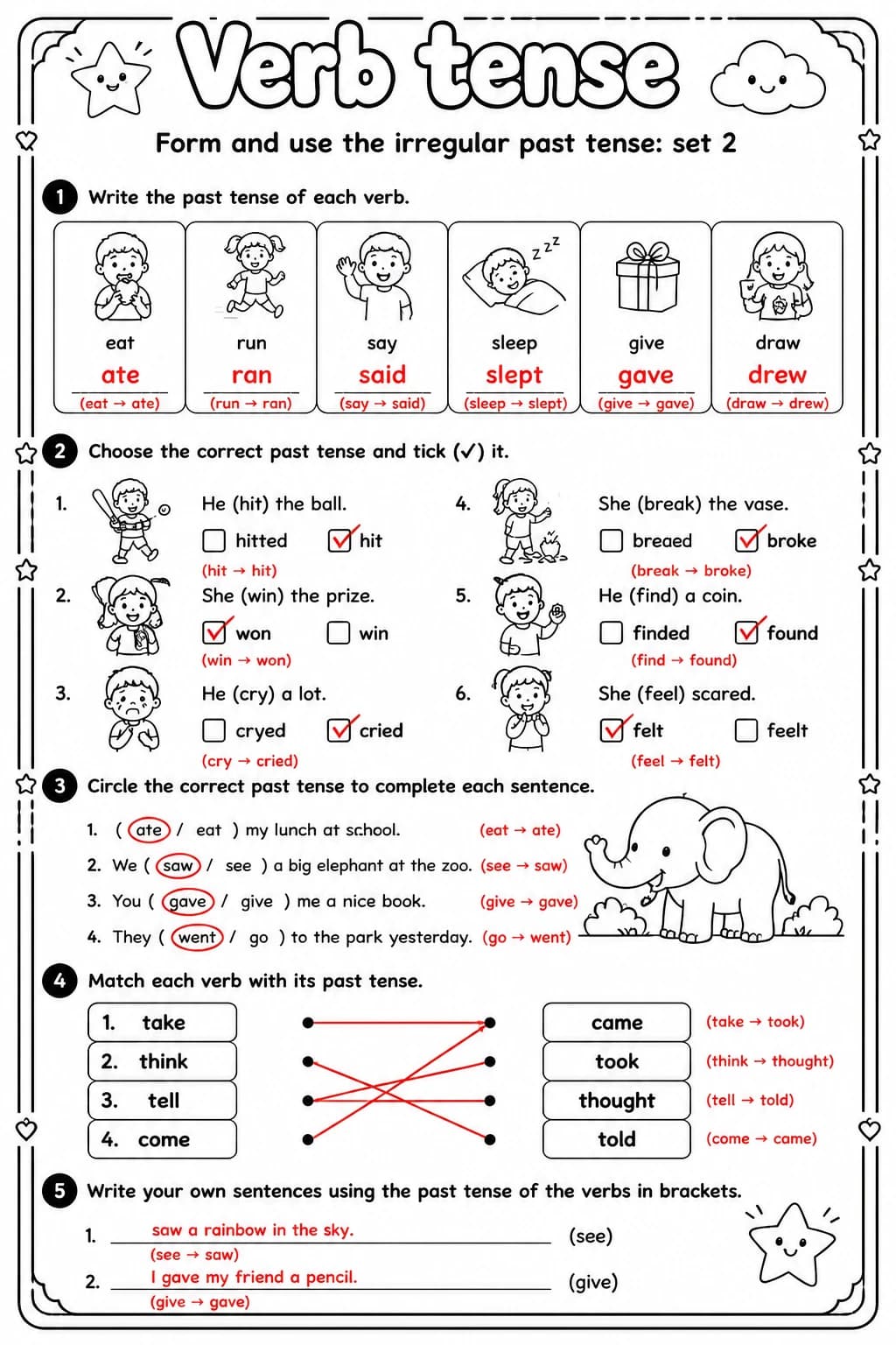 Answer key for Form and use the irregular past tense: set 2 — free printable English & Reading worksheet