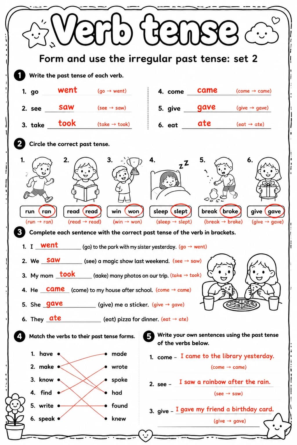 Answer key for Form and use the irregular past tense: set 2 — free printable English & Reading worksheet