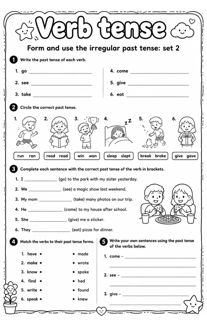 Form and use the irregular past tense: set 2 — free printable Grade 3 English & Reading worksheet