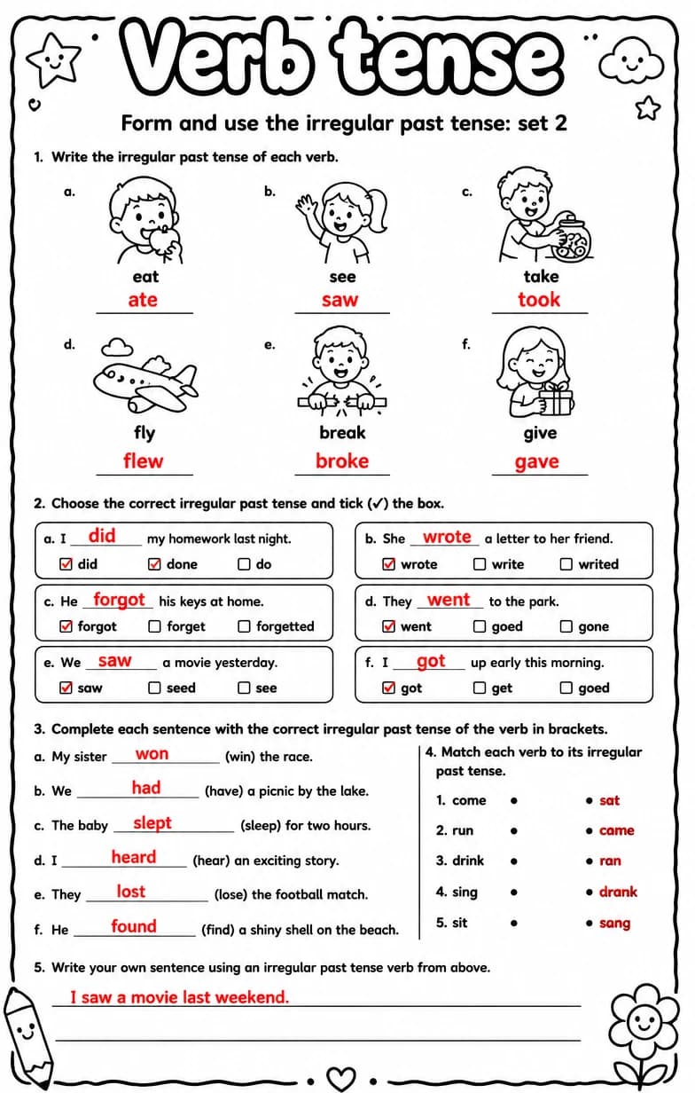 Answer key for Form and use the irregular past tense: set 2 — free printable English & Reading worksheet