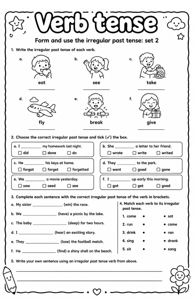 Form and use the irregular past tense: set 2 — free printable Grade 4 English & Reading worksheet