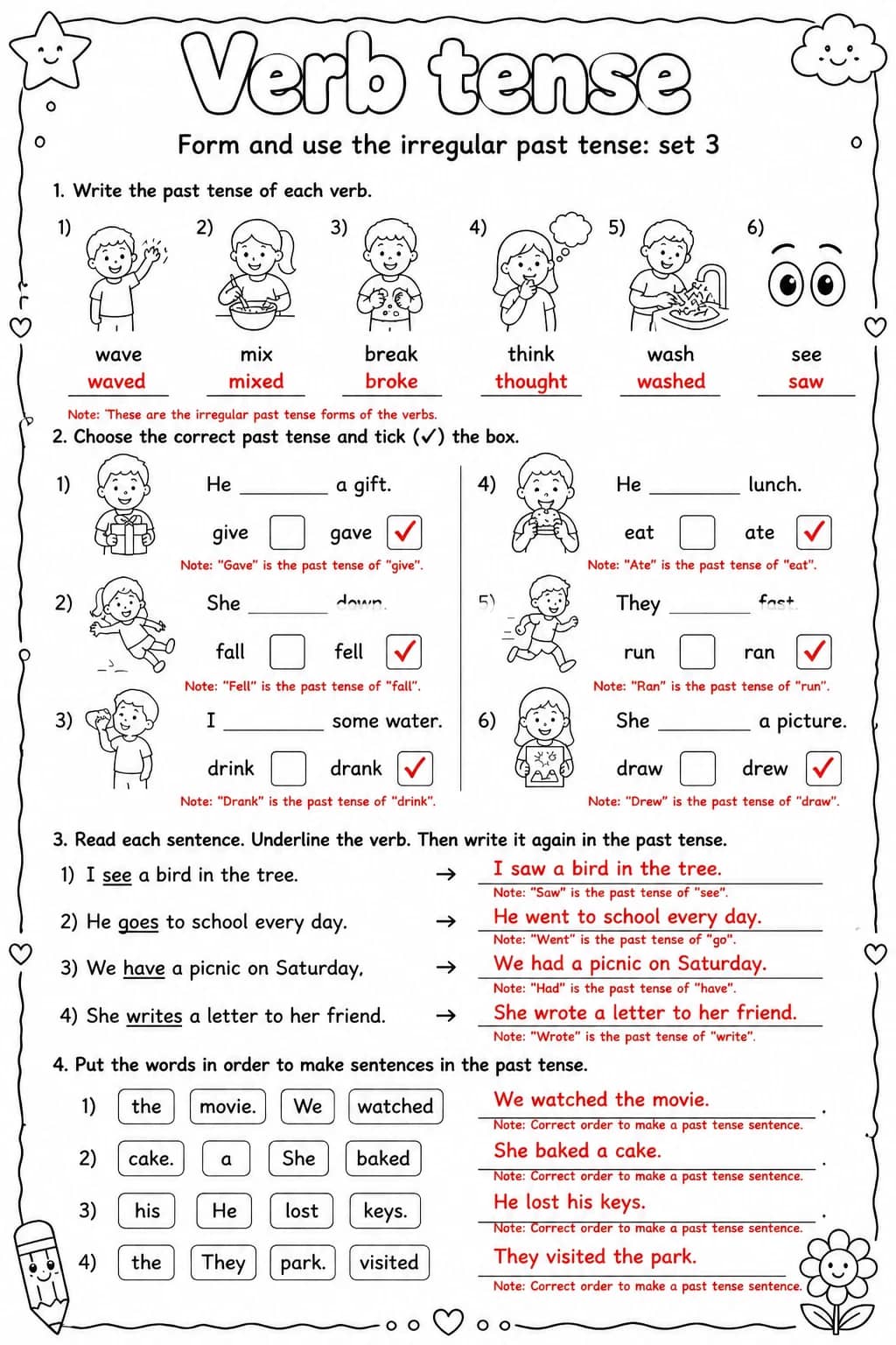Answer key for Form and use the irregular past tense: set 3 — free printable English & Reading worksheet