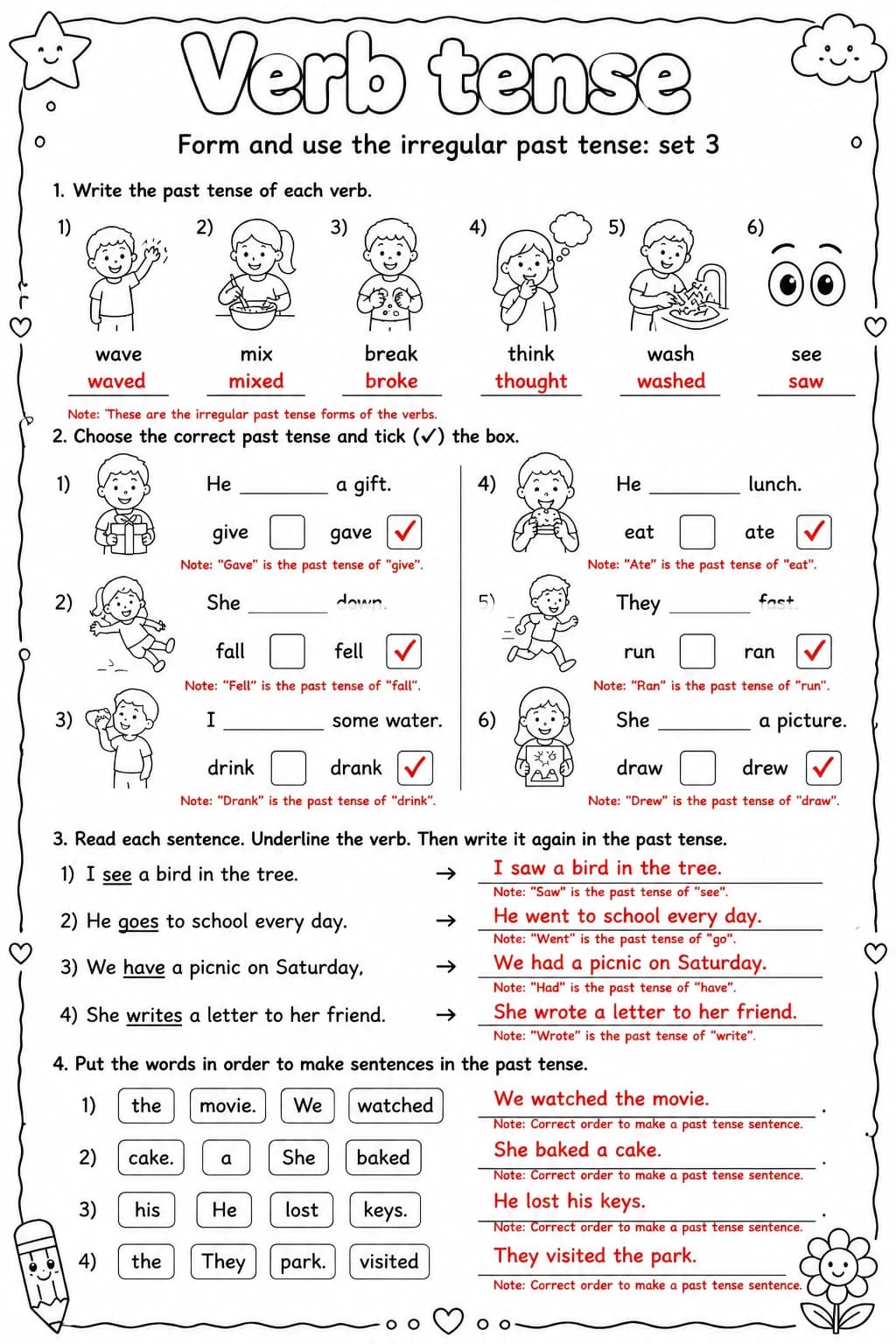 Answer key for Form and use the irregular past tense: set 3 — free printable English & Reading worksheet