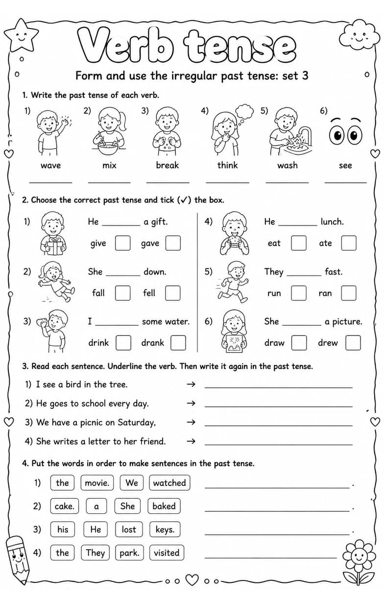 Form and use the irregular past tense: set 3 — free printable Grade 2 English & Reading worksheet