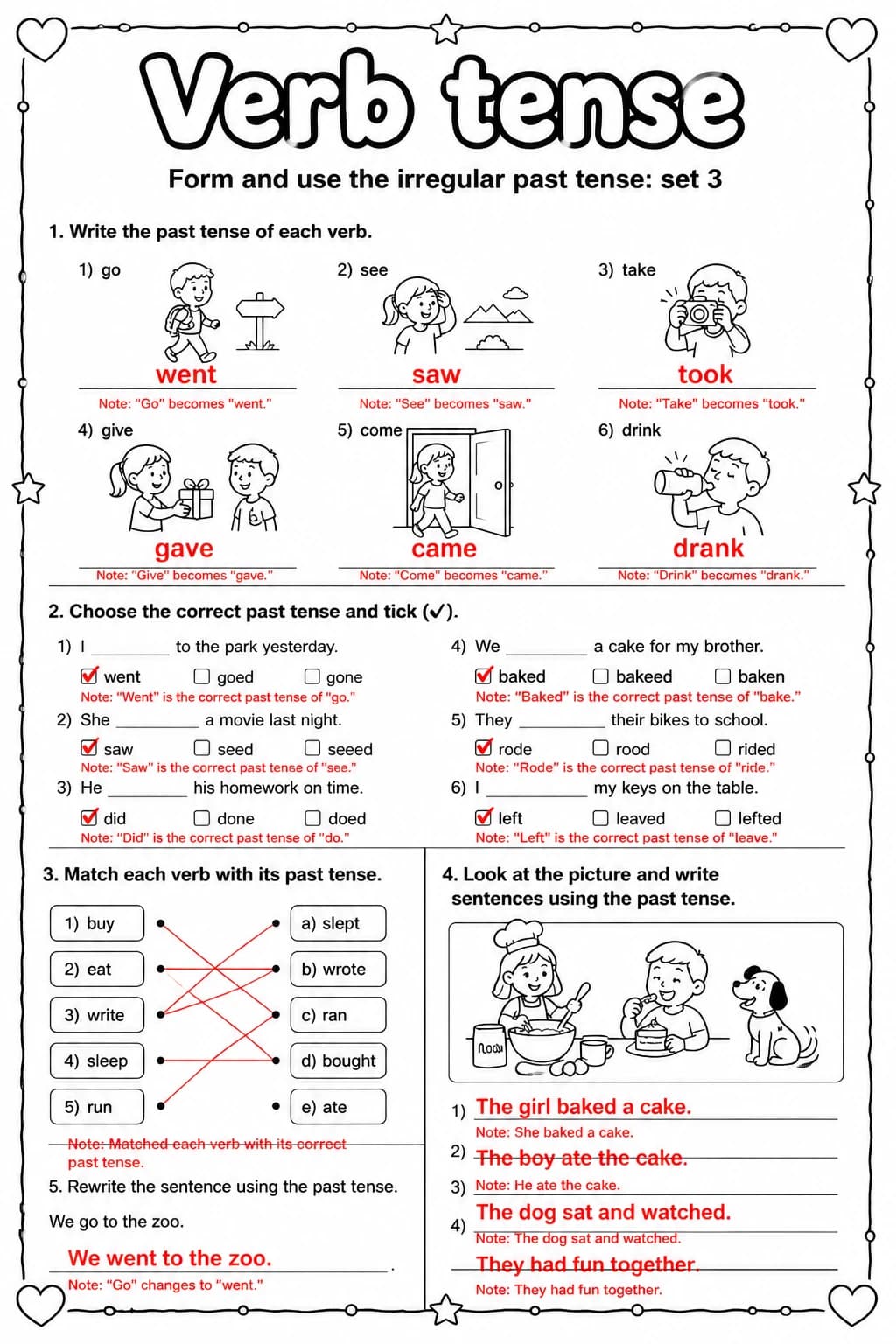 Answer key for Form and use the irregular past tense: set 3 — free printable English & Reading worksheet