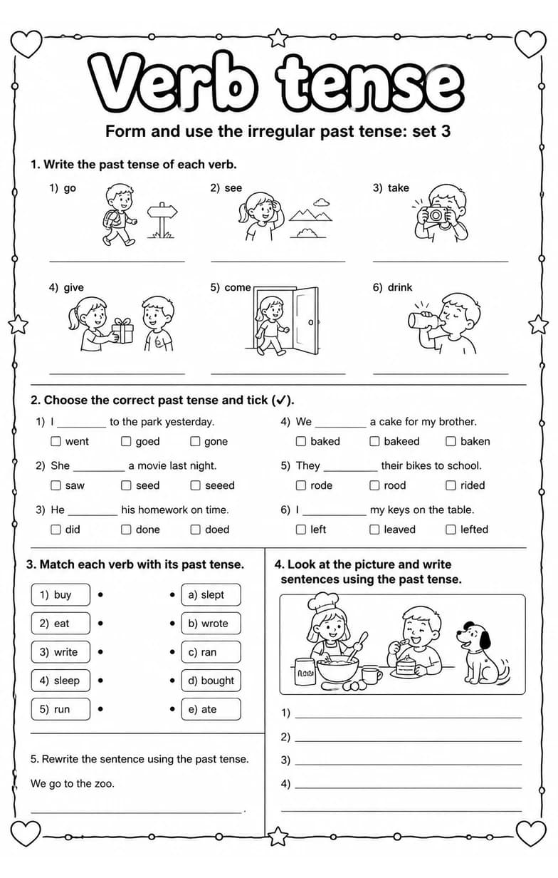 Form and use the irregular past tense: set 3 — free printable Grammar and mechanics English worksheet
