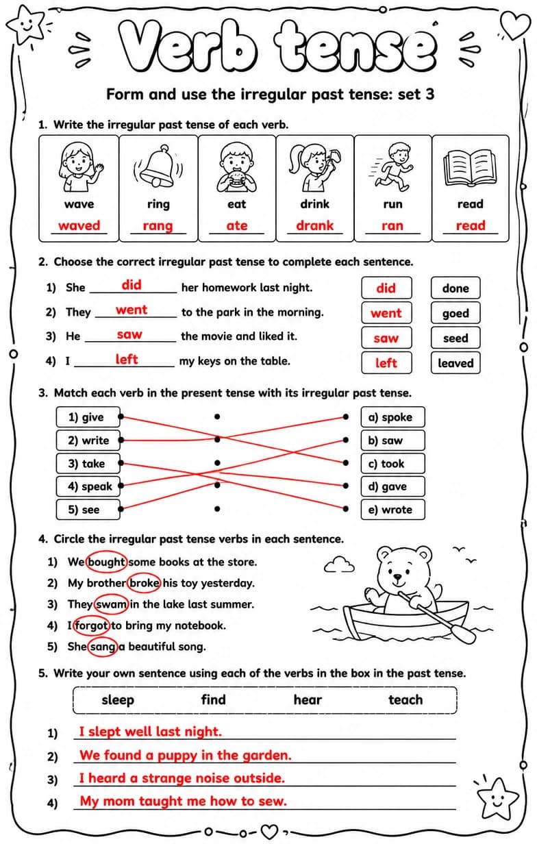 Answer key for Form and use the irregular past tense: set 3 — free printable English & Reading worksheet