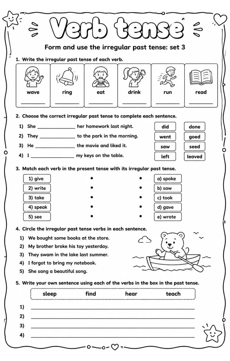Form and use the irregular past tense: set 3 — free printable Grammar and mechanics English worksheet