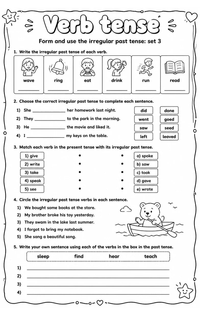 Form and use the irregular past tense: set 3 — free printable Grade 4 English & Reading worksheet
