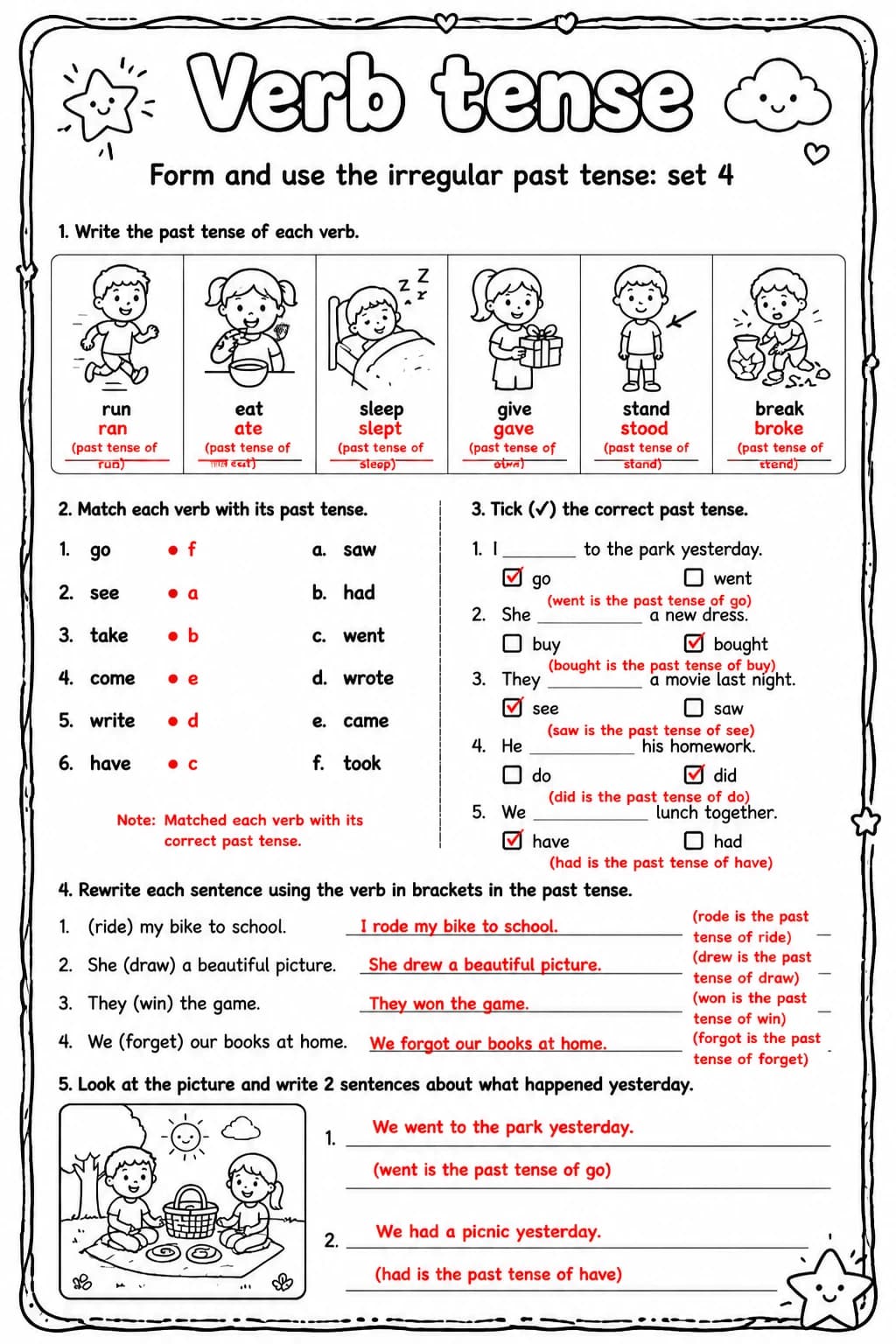 Answer key for Form and use the irregular past tense: set 4 — free printable English & Reading worksheet