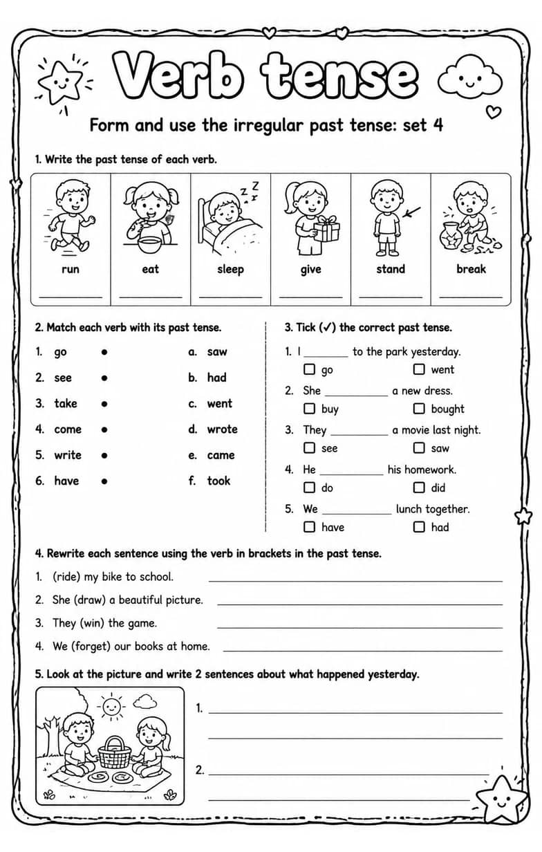 Form and use the irregular past tense: set 4 — free printable Grammar and mechanics English worksheet