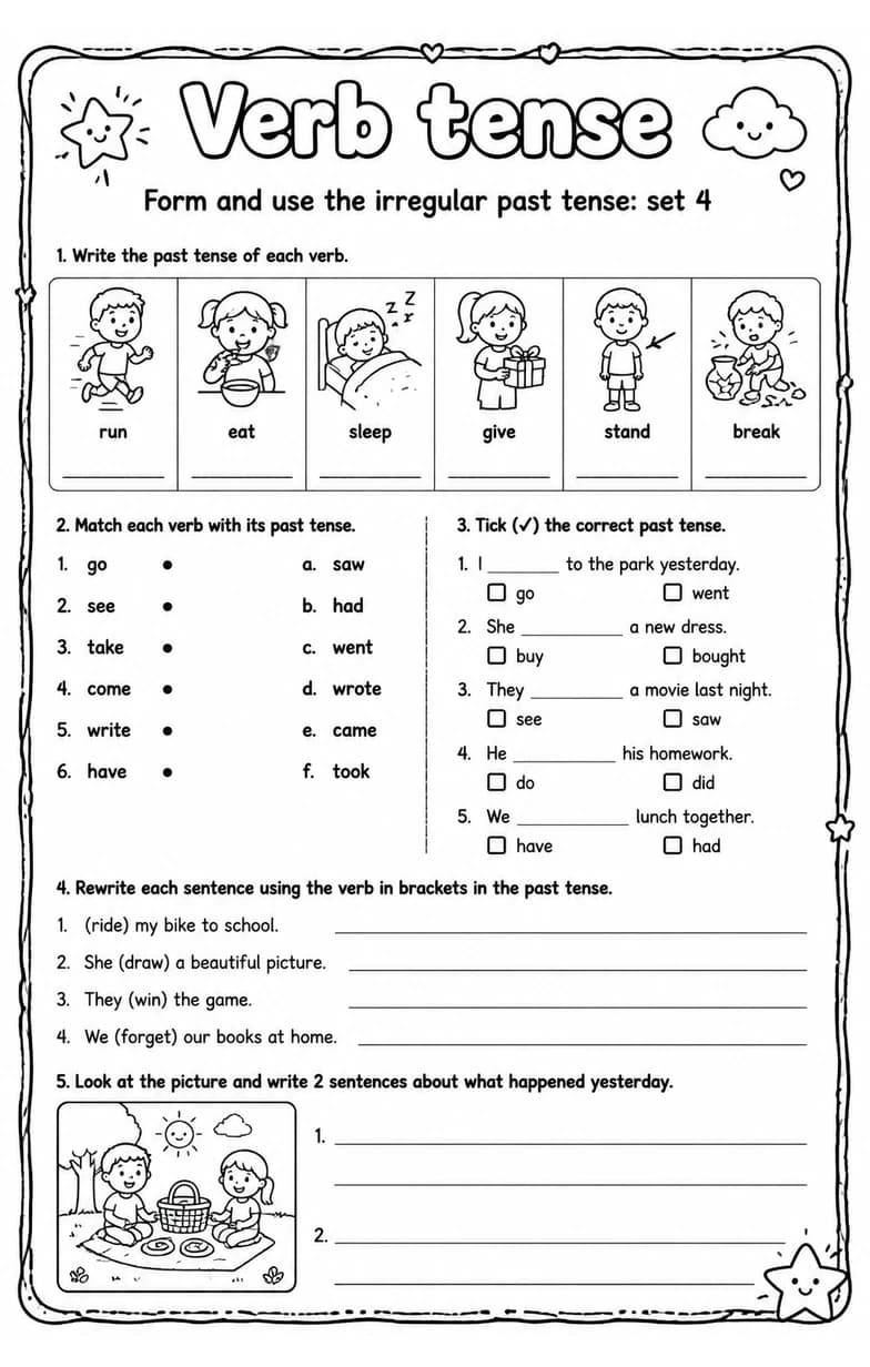 Form and use the irregular past tense: set 4 — free printable Grade 2 English & Reading worksheet