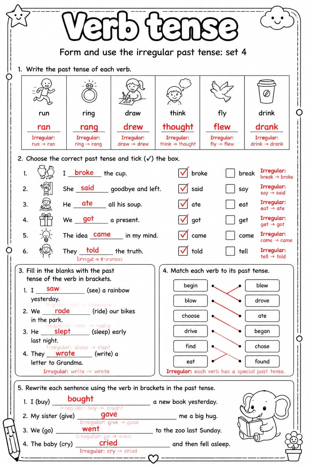 Answer key for Form and use the irregular past tense: set 4 — free printable English & Reading worksheet