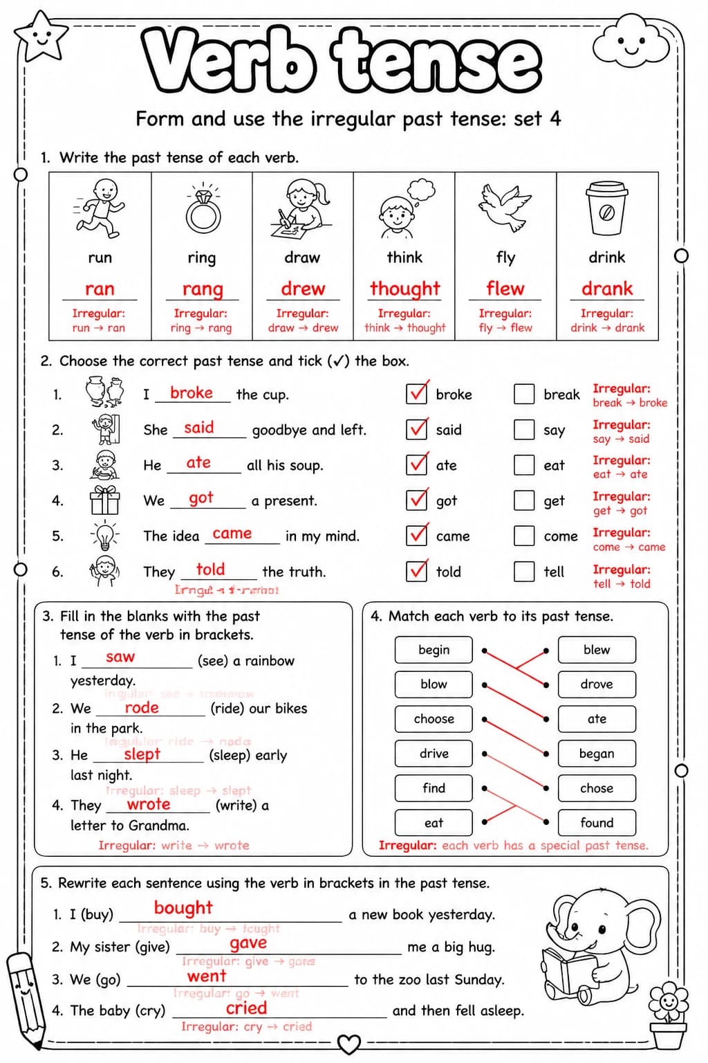 Answer key for Form and use the irregular past tense: set 4 — free printable English & Reading worksheet