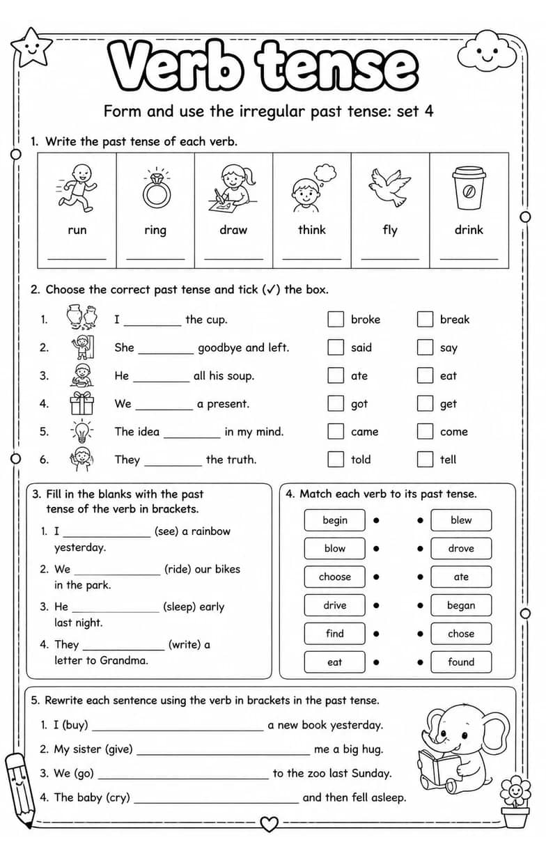 Form and use the irregular past tense: set 4 — free printable Grammar and mechanics English worksheet