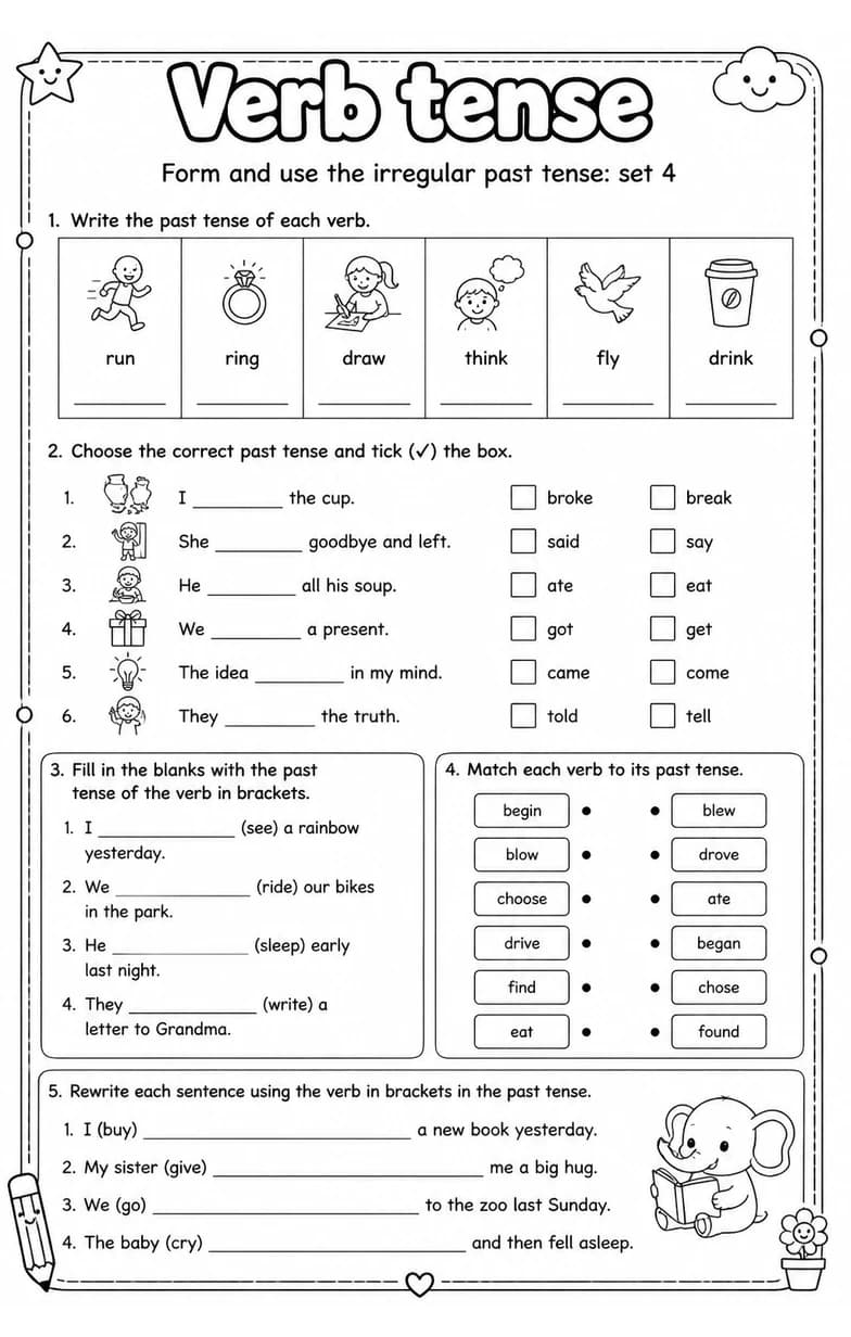 Form and use the irregular past tense: set 4 — free printable Grade 3 English & Reading worksheet