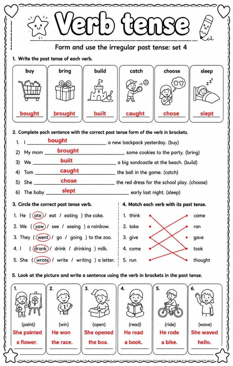 Answer key for Form and use the irregular past tense: set 4 — free printable English & Reading worksheet