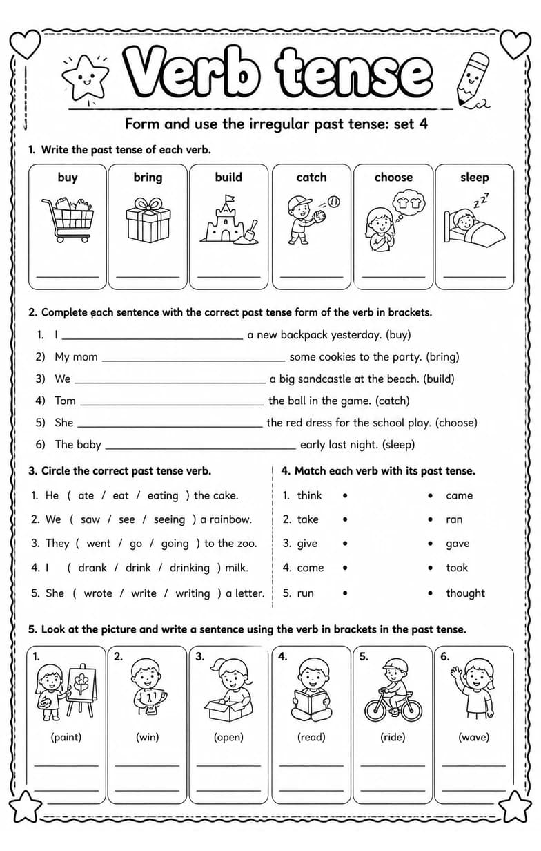 Form and use the irregular past tense: set 4 — free printable Grammar and mechanics English worksheet