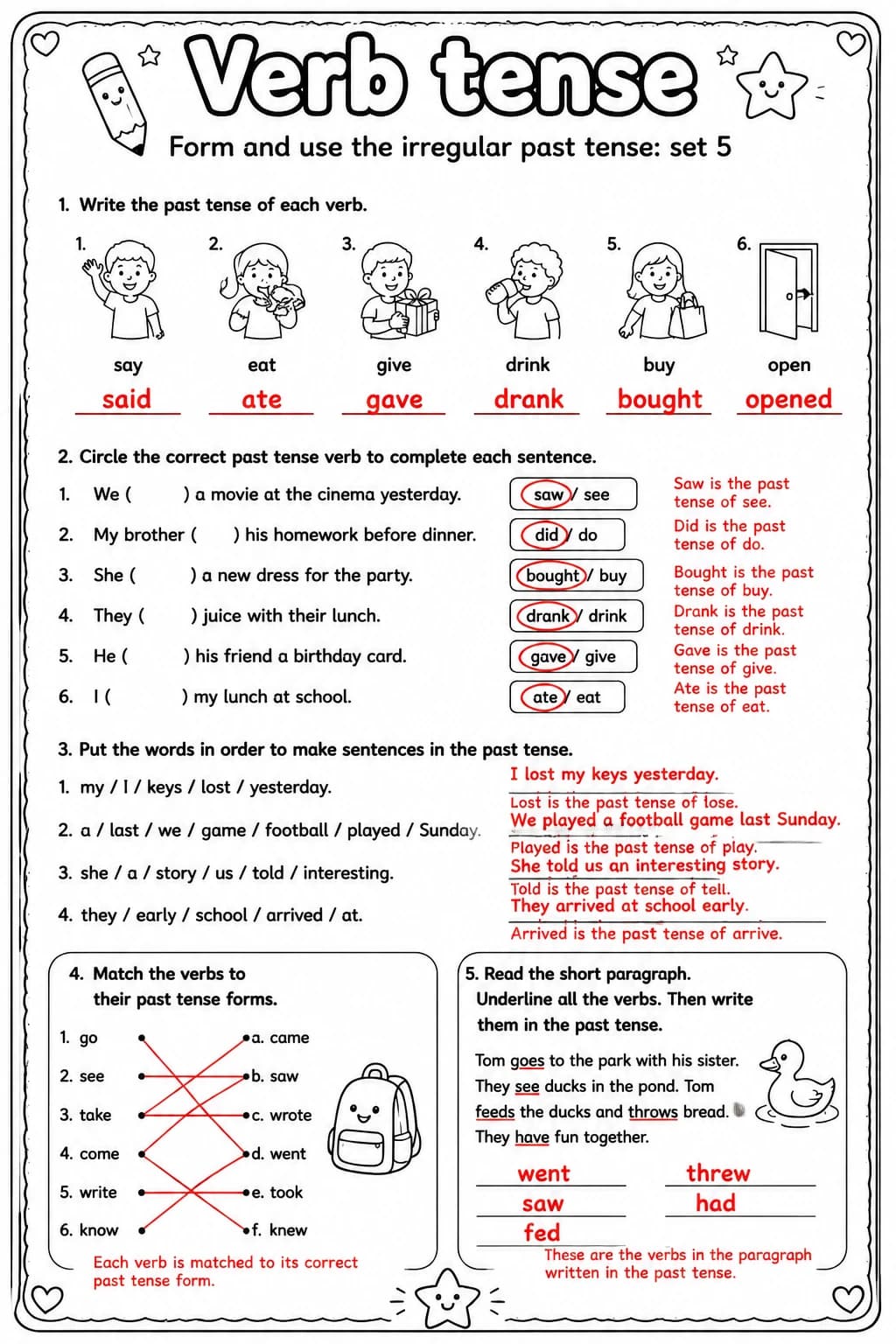 Answer key for Form and use the irregular past tense: set 5 — free printable English & Reading worksheet