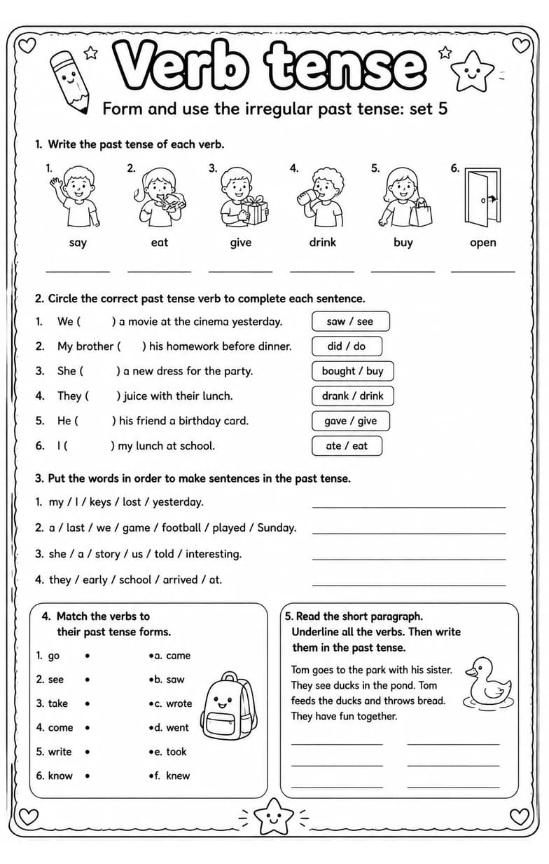 Form and use the irregular past tense: set 5 — free printable Grammar and mechanics English worksheet