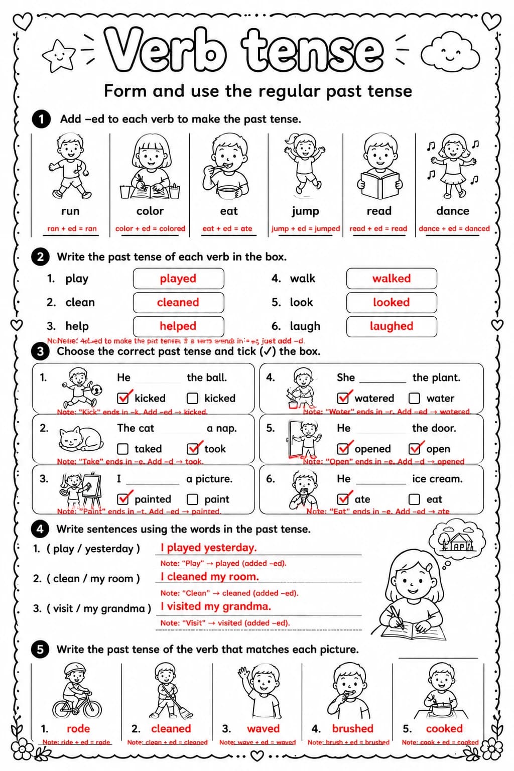 Answer key for Form and use the regular past tense — free printable English & Reading worksheet