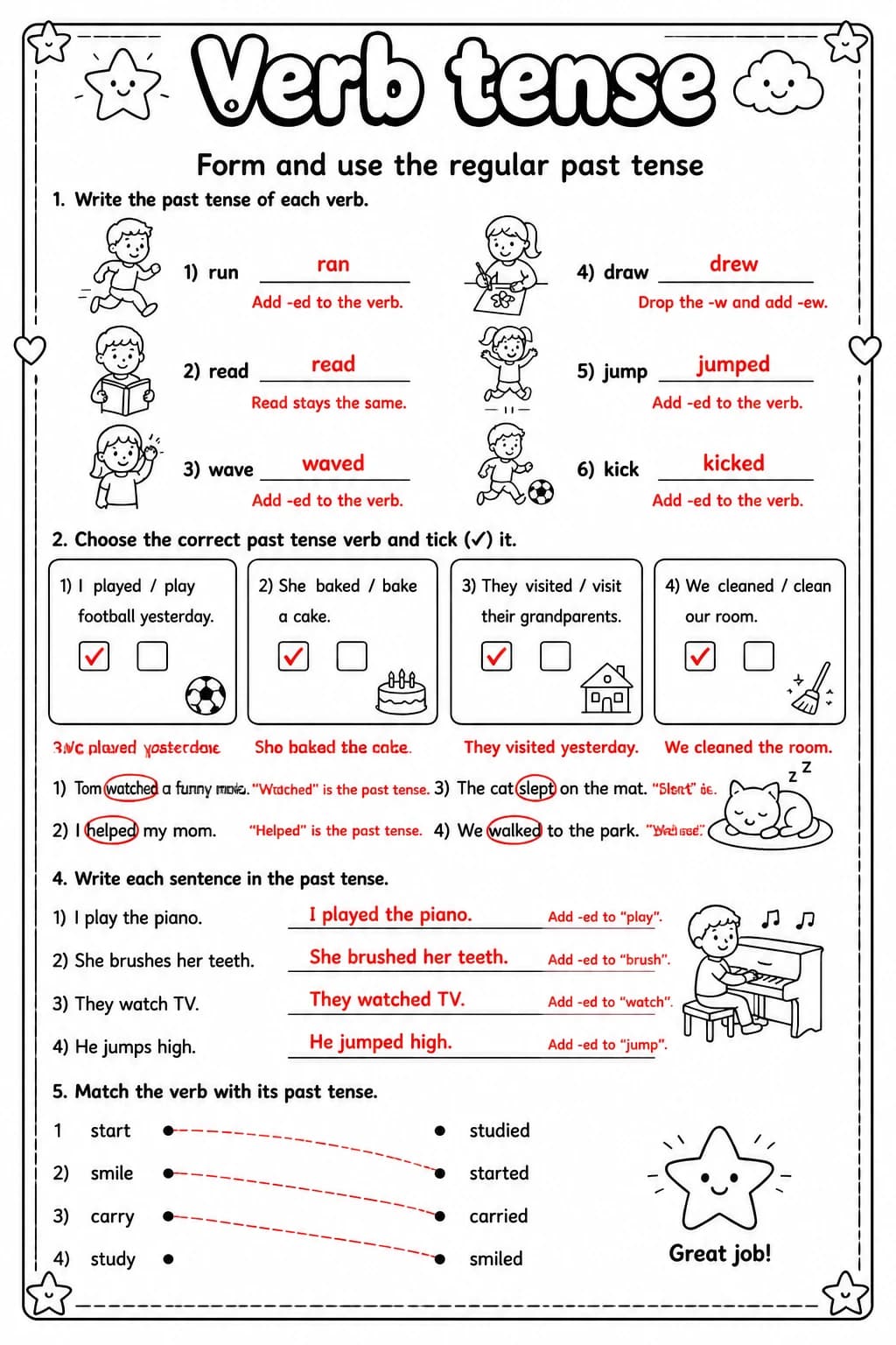 Answer key for Form and use the regular past tense — free printable English & Reading worksheet