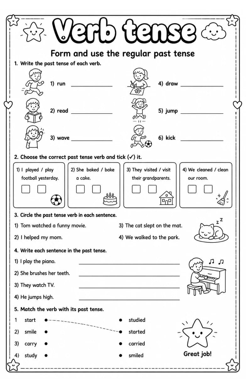 Form and use the regular past tense — free printable Grade 2 English & Reading worksheet
