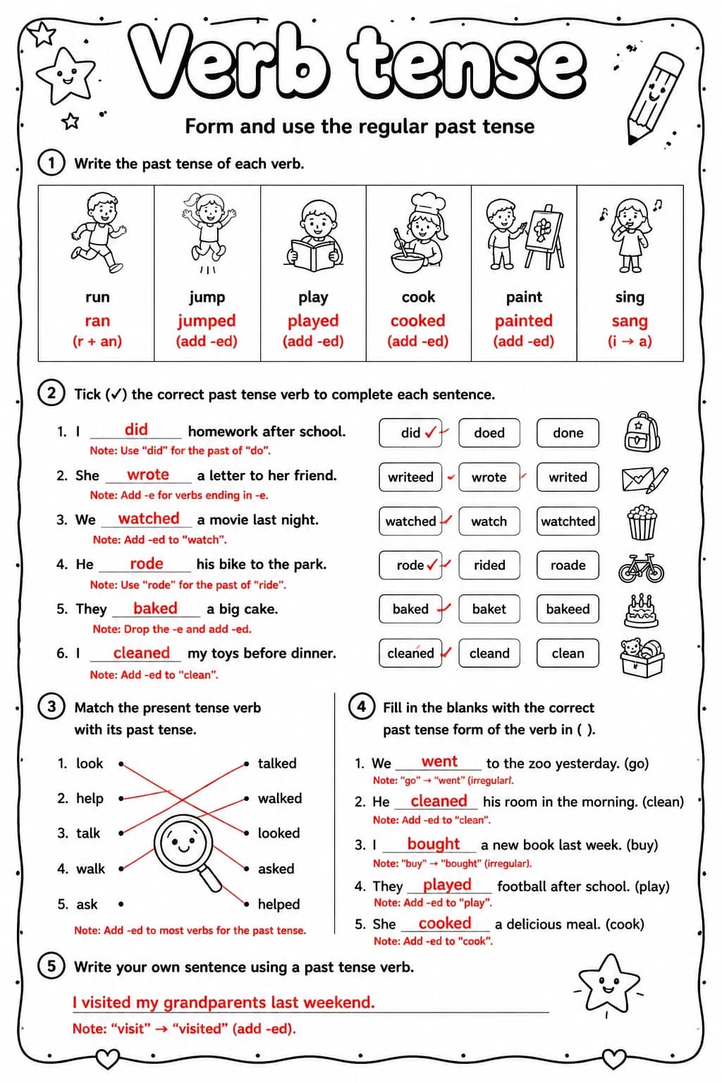 Answer key for Form and use the regular past tense — free printable English & Reading worksheet