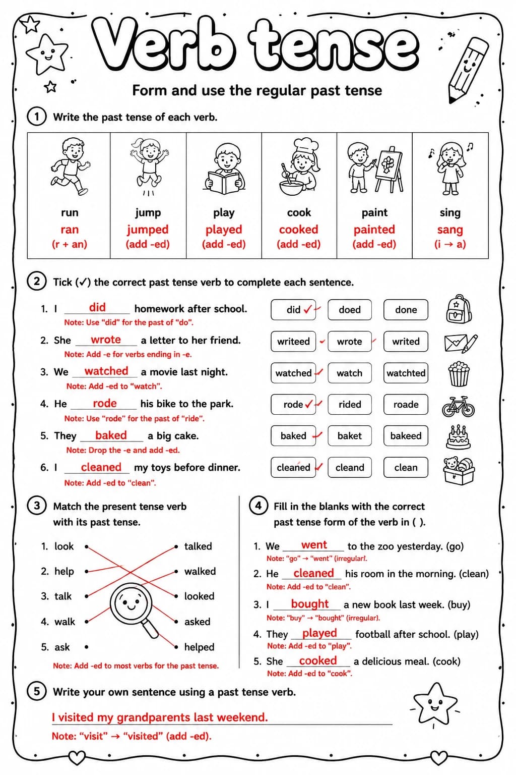 Answer key for Form and use the regular past tense — free printable English & Reading worksheet