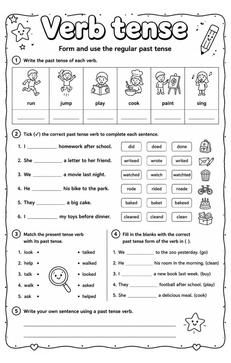 Form and use the regular past tense — free printable Grammar and mechanics English worksheet