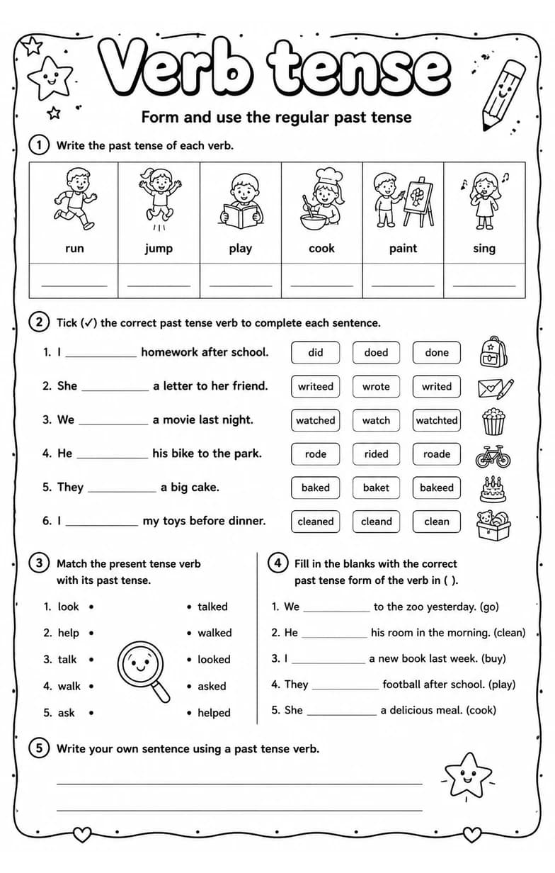 Form and use the regular past tense — free printable Grade 3 English & Reading worksheet